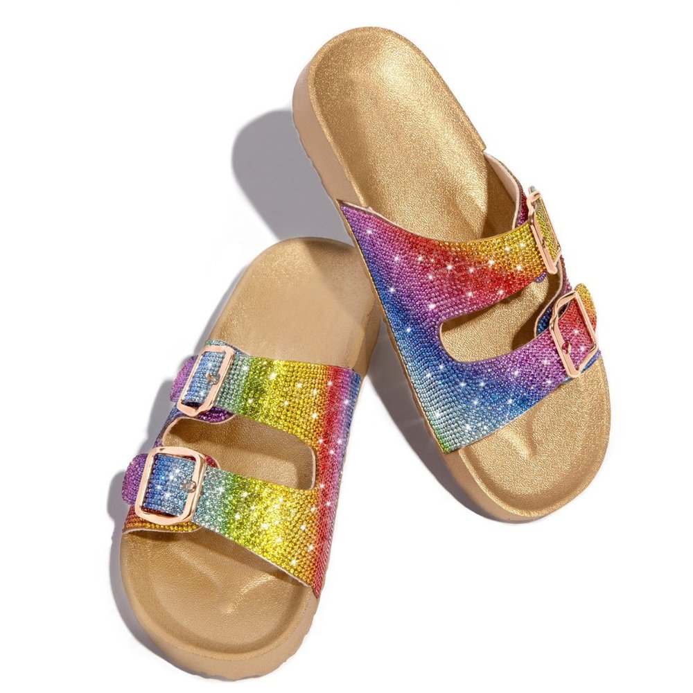 NEWπ₯ Comfy Bling Rainbow Rhinestone Buckle Slide Flat Sandals Open Toe Size 10 - Picture 2 of 6